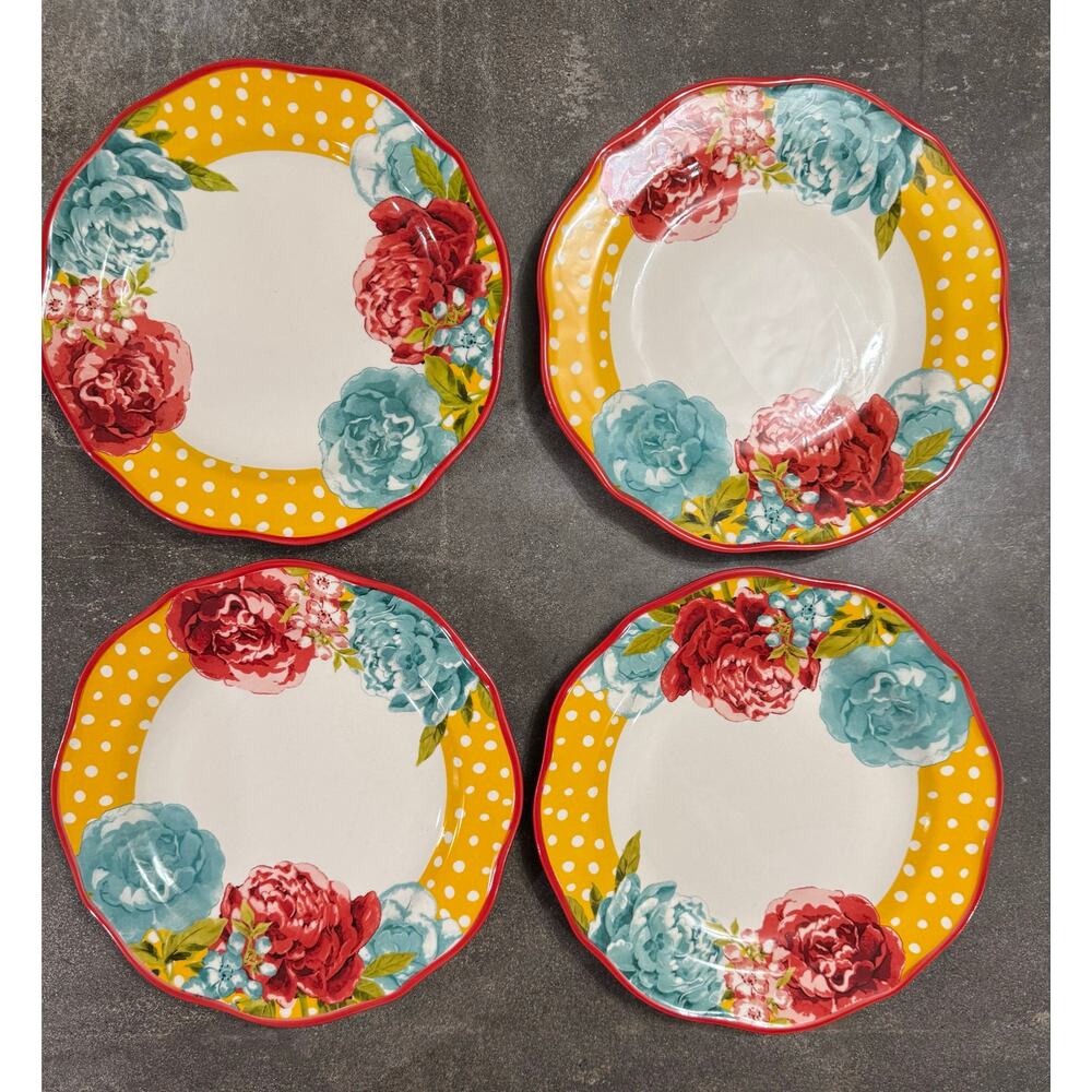 Pioneer Woman Blossom Jubilee Set of 4 Dinner Plates 10 1/2" EUC Floral Multi